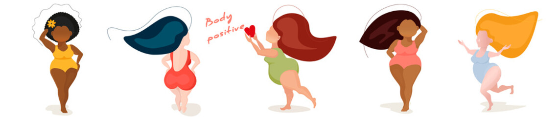 Group of women of different races, plus size models in swimwear, positive body concept, standing on white background. love your beautiful body.