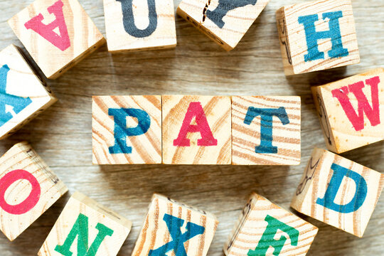 Alphabet letter block in word PAT (abbreviation of Profit after tax or Preferred activity time) with another on wood background
