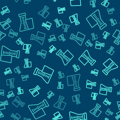 Green line Test tube and flask chemical laboratory test icon isolated seamless pattern on blue background. Laboratory glassware sign. Vector