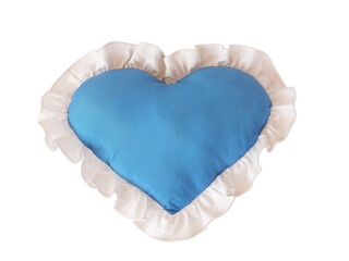 Blue heart pillow isolated on white background.