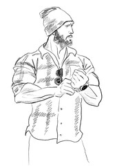 Hand-drawn fashion illustration of imaginary male model figure in a checkered shirt, jeans, and hat. Color book page. Posing reference. Black white man sketch. Comic book art. Romance novel character
