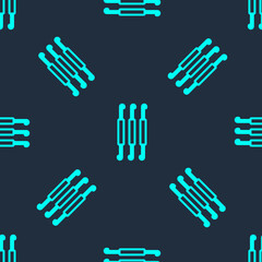 Fototapeta premium Green line Crochet hook icon isolated seamless pattern on blue background. Knitting hook. Vector