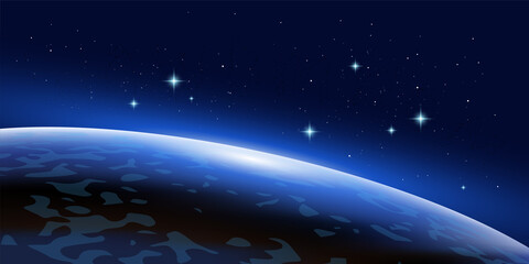 Vector space horizontal illustration of blue planet with light and stars