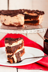 Dark chocolate cake with Coffee slice with chocolate buttercream frosting on a white plate.Selective focus