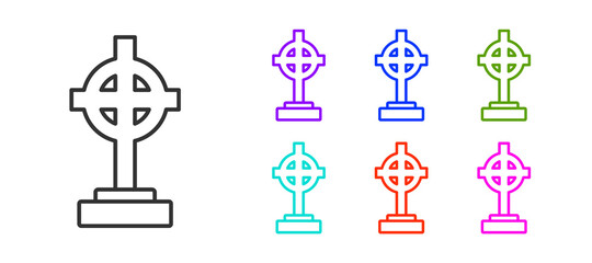 Black line Grave with cross icon isolated on white background. Set icons colorful. Vector