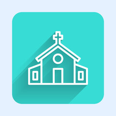 White line Church building icon isolated with long shadow. Christian Church. Religion of church. Green square button. Vector