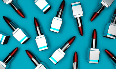 Obraz premium Lipstick. Fashion Colorful Lipsticks on blue background. Lipstick tints palette, Professional Makeup and Beauty. Beautiful Make-up concept. Lipgloss. Lipsticks closeup. 3d rendering.