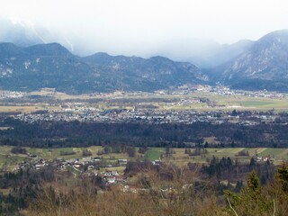 Aerial view of the town Lesce in Gorenjska, Slovenia surrounded by forest and fields and hills behind
