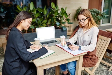 Diverse women working with smartphone and writing in notebook