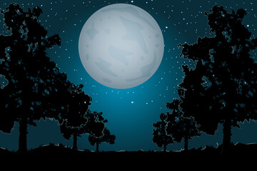 Landscape with moon, trees silhouettes and path. Night sky and moonlight. Evening scenery in the countryside with full moon and starry sky. Alley of the empty park at dusk time. Vector illustration