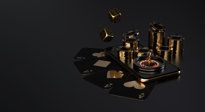 Casino roulette, playing cards, casino roulette, chips and craps. Vegas casino game. The likelihood of good luck in gambling. Online casino. 3d rendering.	
