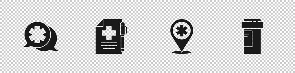 Set Dialogue with the doctor, Medical prescription and pen, Map pointer cross hospital and Medicine bottle icon. Vector