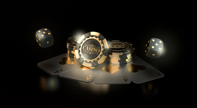 Gold casino chips, dice and playing cards on a dark background. A stack of casino chips. Online casino. 3d rendering.	