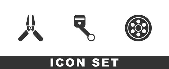 Set Car battery jumper power cable, Engine piston and Alloy wheel icon. Vector