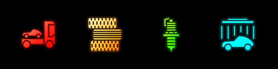 Set Car transporter truck, tire wheel, spark plug and wash icon. Vector