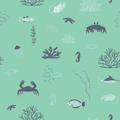 Cartoon cute jellyfish, fish, coral, algae, crab, seahorse seamless pattern on aquamarine background