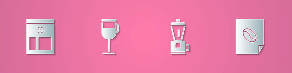 Set paper cut Bag of coffee beans, Irish, Electric grinder and Coffee poster icon. Paper art style. Vector