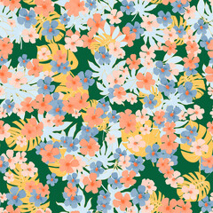 Fototapeta na wymiar Summer bright seamless pattern in Hawaiian style with tiny flowers and tropical leaves.