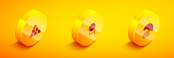 Set Isometric Gold bars, Barbecue grill and American football helmet icon. Vector