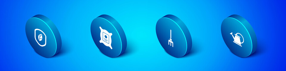 Set Isometric Shield with leaf, Garden rake, Watering can and Pack full of seeds of plant icon. Vector
