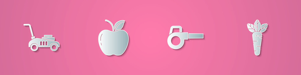 Set paper cut Lawn mower, Apple, Leaf garden blower and Carrot icon. Paper art style. Vector