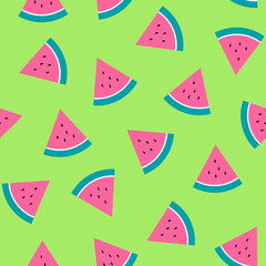 Watermelon slices with turquoise peel and black seeds, seamless pattern on green background, vector illustration. Summertime freshness, juicy and colourful theme 