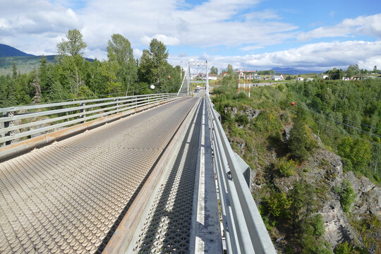 Hagwilget Canyon Bridge, historic steel grid deck bridge high above deep canyon, British Columbia, Canada