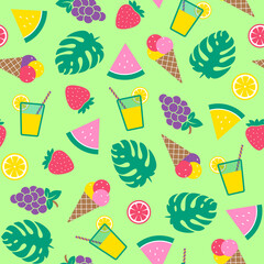 Colourful summer seamless pattern with ice-cream, lemonade, watermelon, strawberry, grapes, citrus slices and monstera leaves on green background. Trendy flat style, vector illustration