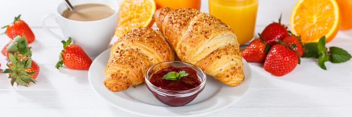 Croissant breakfast croissants orange juice coffee food hotel buffet jam banner