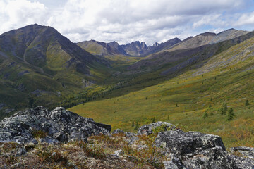 Tombstone Mountain rugged range with arctic landscape panoramic view, hiking concept, Yukon, Canada