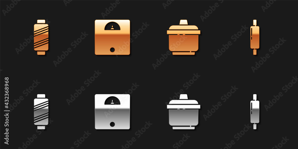 Sticker Set Sewing thread on spool, Bathroom scales, Cooking pot and Rolling pin icon. Vector