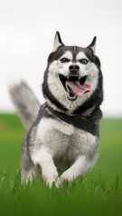 siberian husky dog running across the green field
