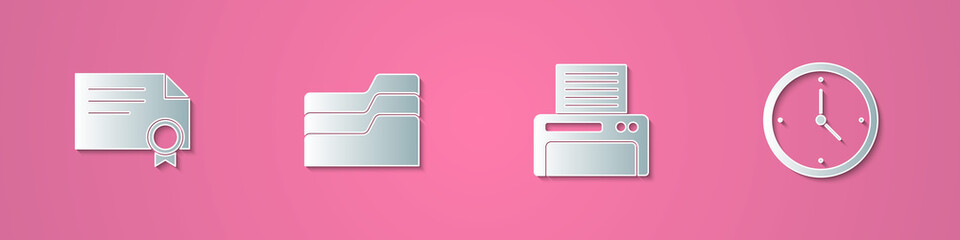 Set paper cut Certificate template, Document folder, Printer and Clock icon. Paper art style. Vector