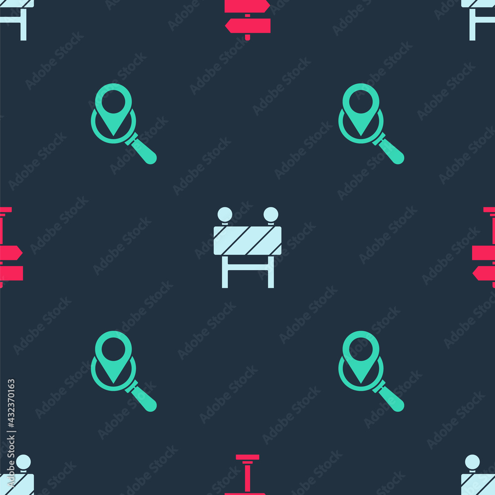 Sticker Set Road traffic sign, barrier and Search location on seamless pattern. Vector