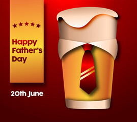 Father's Day poster or banner template with necktie and beer glass background.Greetings and presents for Father's Day in flat lay styling.