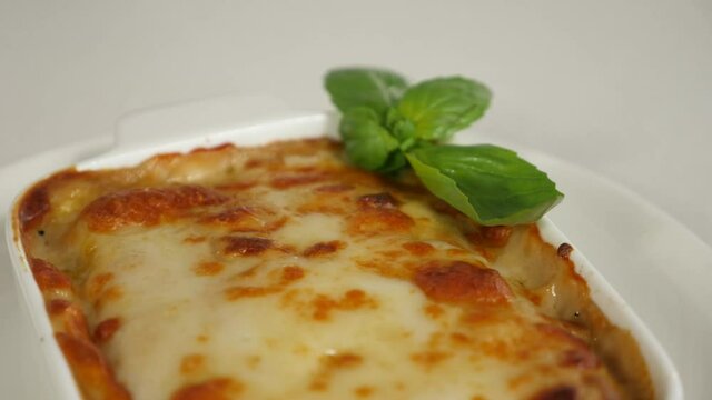 delicious classic lasagna with minced meat sprinkled with tender mozzarella cheese