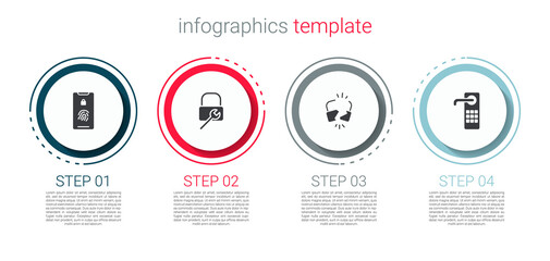 Set Mobile with fingerprint scan, Lock repair, Broken or cracked lock and Digital door. Business infographic template. Vector