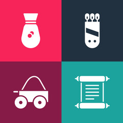 Set pop art Decree, parchment, scroll, Wooden four-wheel cart, Quiver with arrows and Old money bag icon. Vector