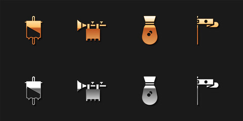 Set Medieval flag, Trumpet with, Old money bag and icon. Vector