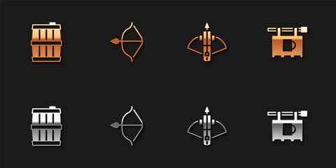 Set Wooden barrel, Medieval bow and arrow, Battle crossbow with and Street signboard Bar icon. Vector