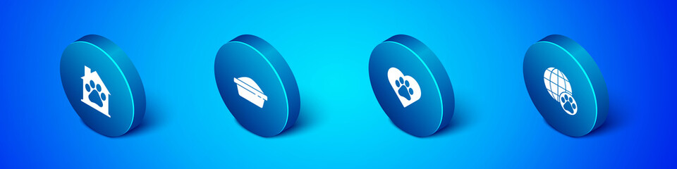 Set Isometric Pet house, Heart with animals footprint, World pet and food bowl icon. Vector