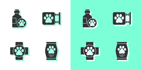 Set Bag of food, Pet shampoo, Veterinary clinic and icon. Vector