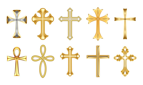 Christian religious decorative golden crosses set. Realistic vector illustration isolated on white bakcground