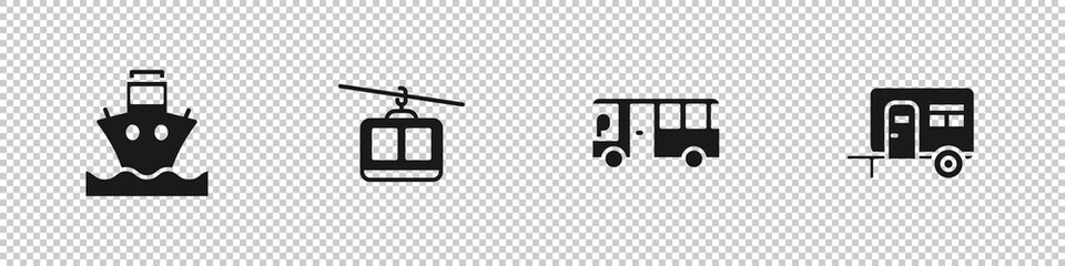 Set Cargo ship, Cable car, Bus and Rv Camping trailer icon. Vector © Kostiantyn