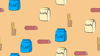 Seamless pattern flour sugar baguette sausage fast food delicious sweet fresh beautiful on a yellow background. The texture is endless