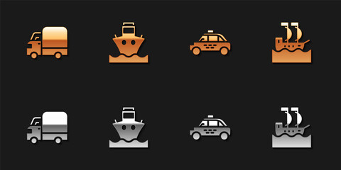 Set Delivery cargo truck, Cargo ship, Taxi and Sailboat icon. Vector