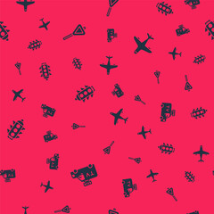 Set TV News car, Road traffic signpost, Traffic light and Plane on seamless pattern. Vector