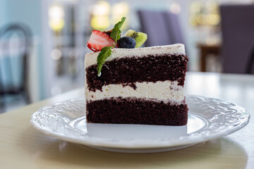 chocolate cake with strawberry and blurred background