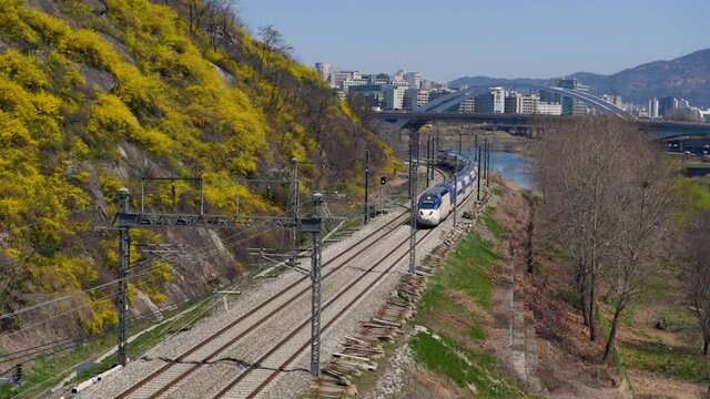 February 22, 2020, a mountain man with a passing train in Seoul, South Korea