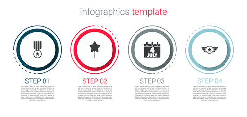 Set Medal with star, Balloon, Calendar date July 4 and Star American military. Business infographic template. Vector